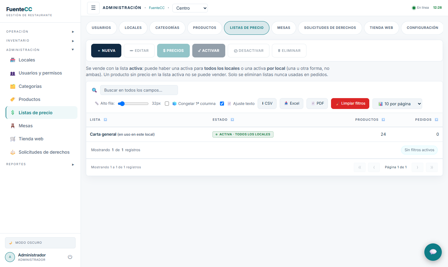 Listas de precio