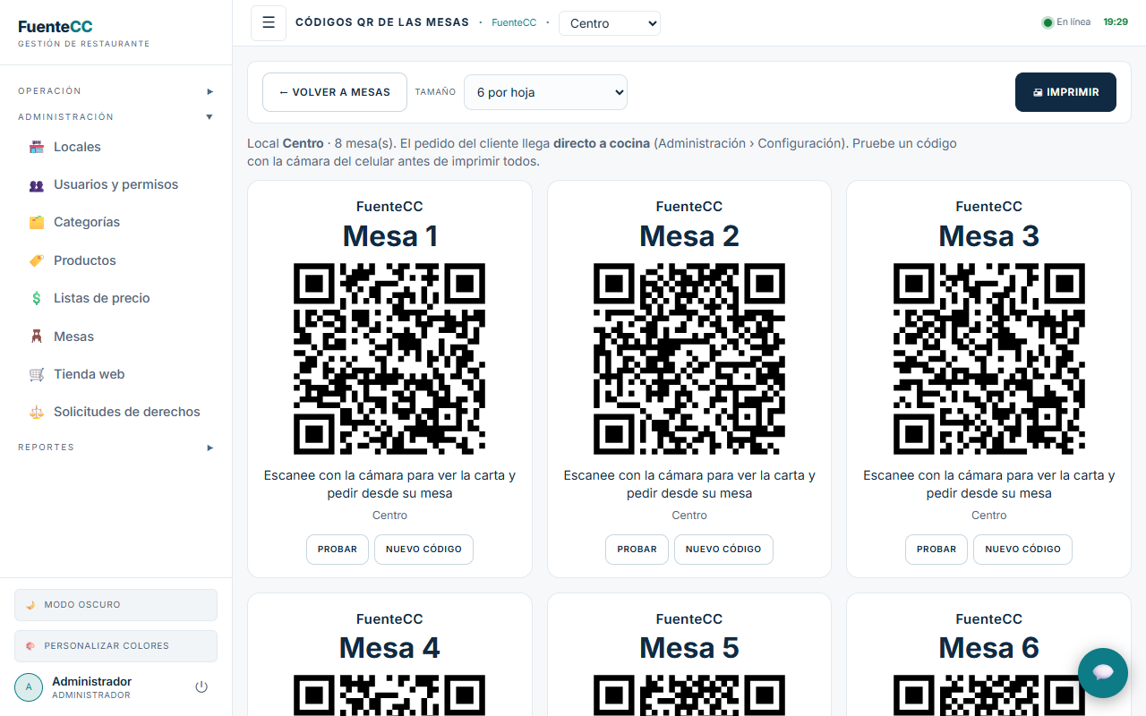 Códigos QR de las mesas listos para imprimir