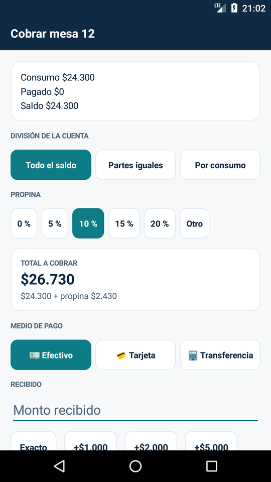 Cobro: división, propina y medio de pago