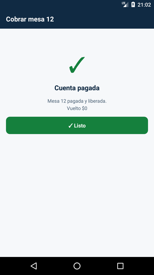 Cuenta pagada y mesa liberada