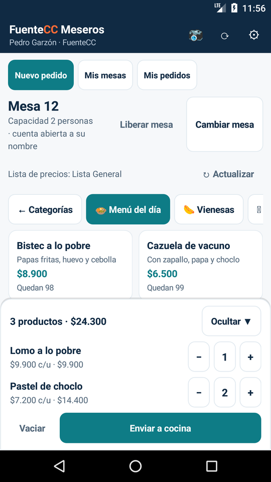Productos elegidos y el pedido abierto