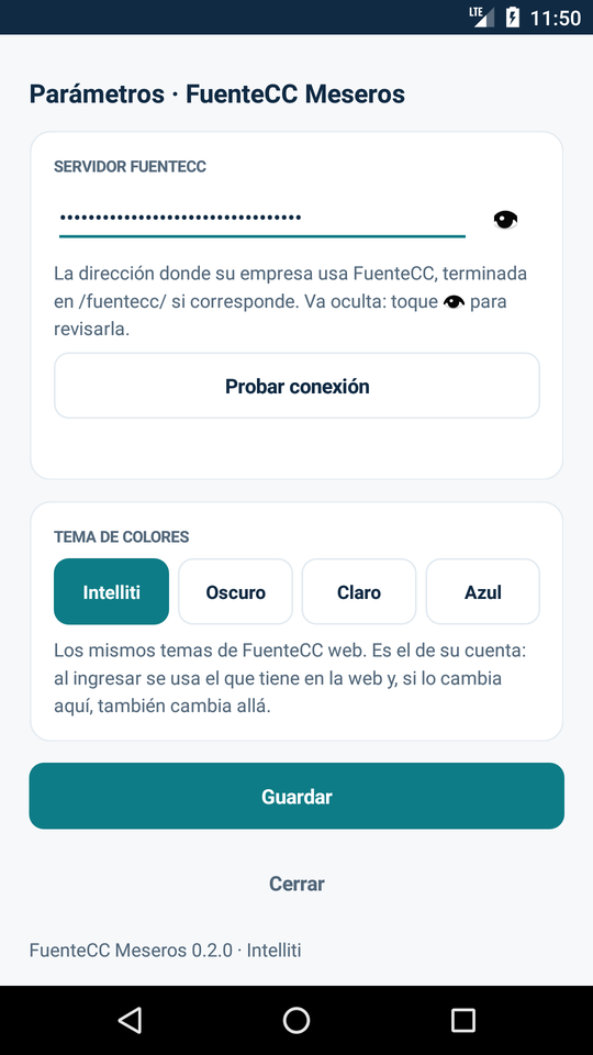 Parámetros: dirección del servidor, Probar conexión y tema de colores