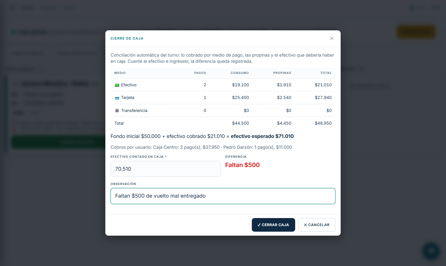 Cierre de caja con conciliación