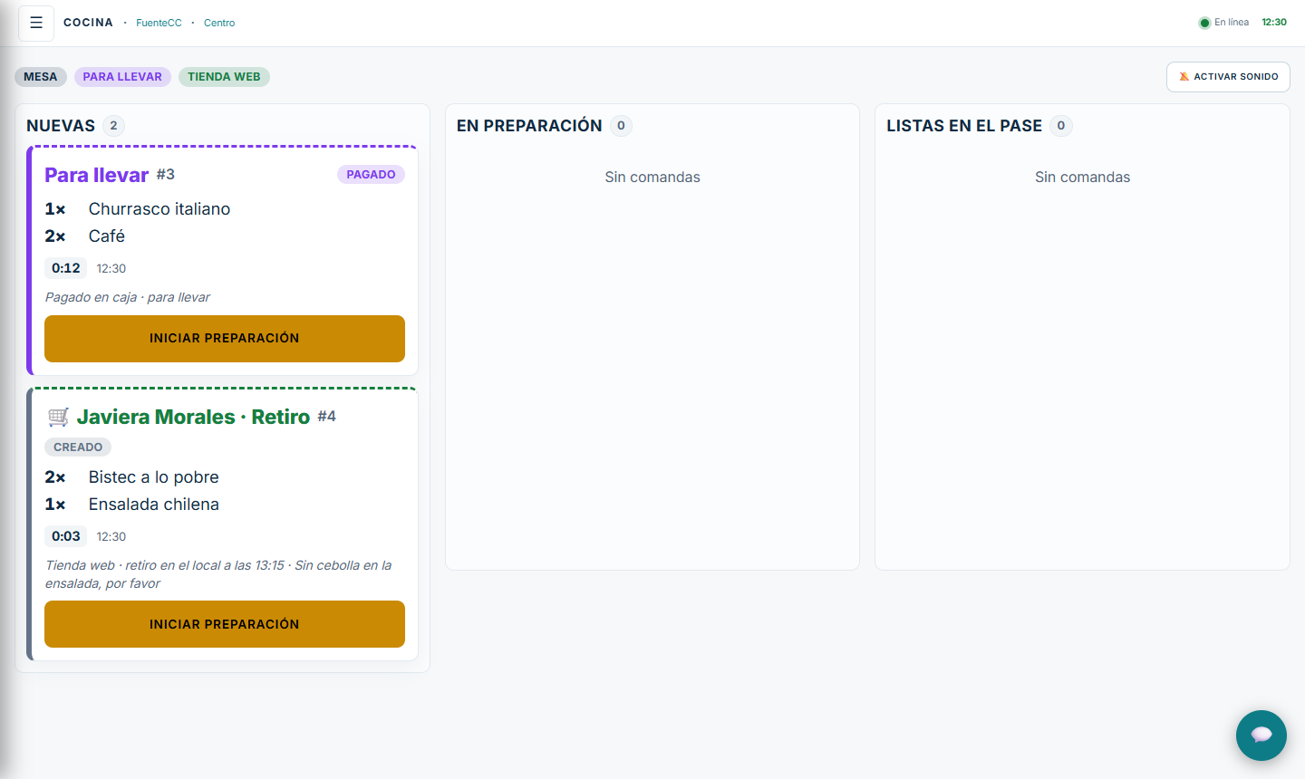 Pedido de la tienda web en cocina