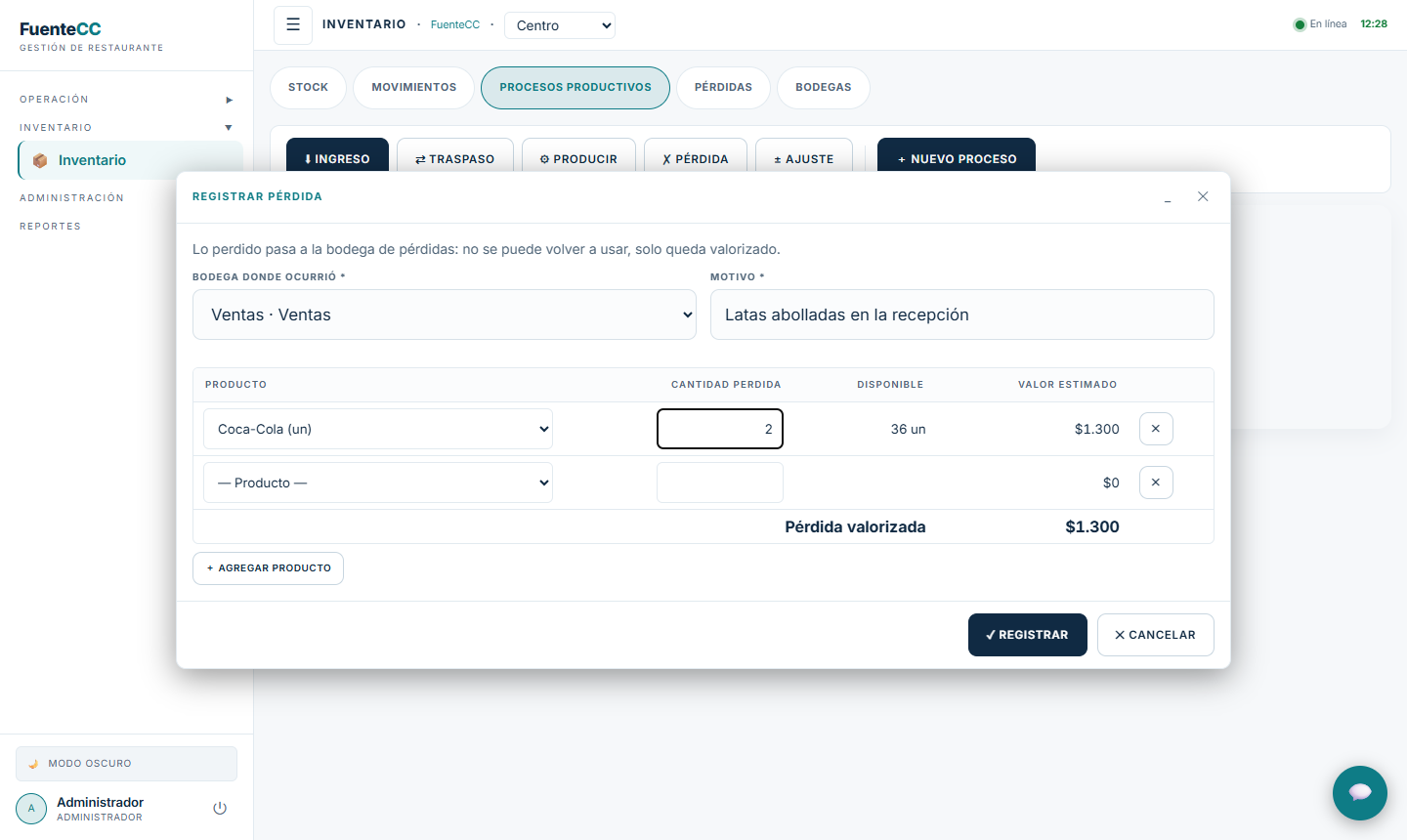 Registrar pérdida