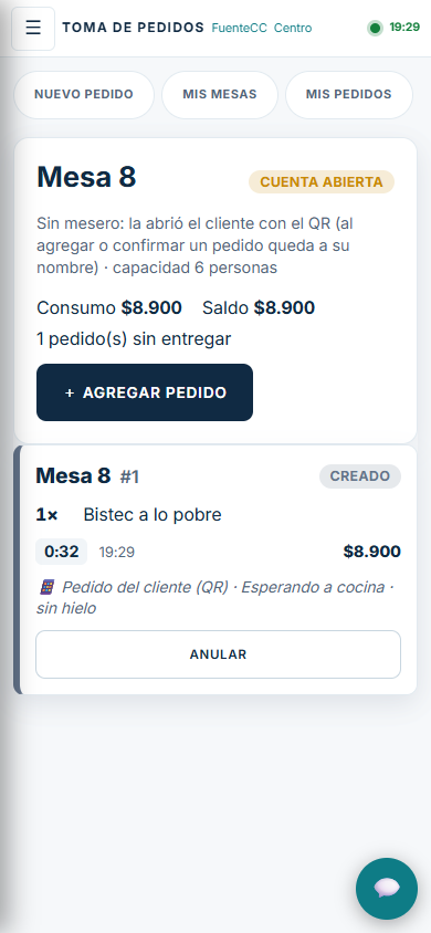 Mesa abierta por el mesero al escanear su QR