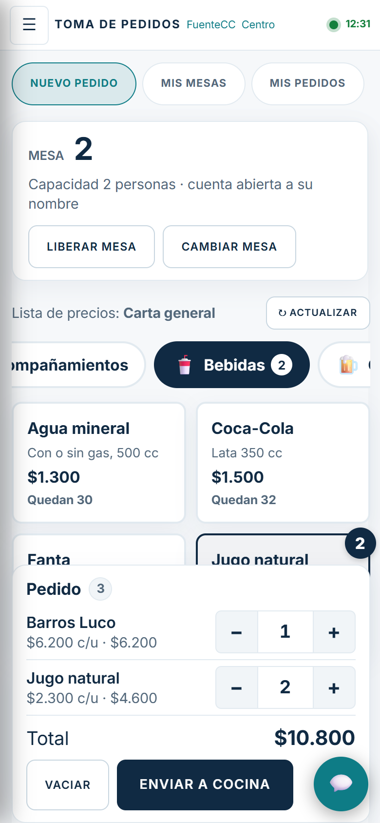Toma de pedidos en un celular