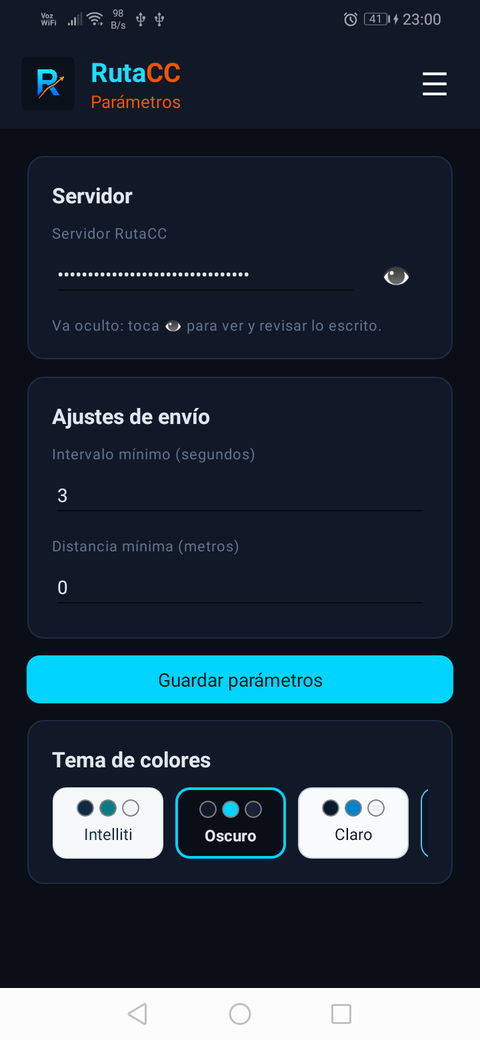Pantalla Parámetros de la app
